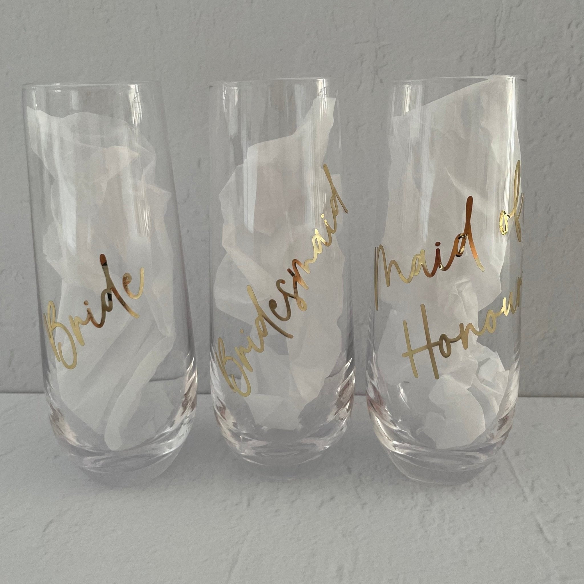 Bridal Party Vertical Stemless Flute Glass (More Designs Within) - Bridesmaid Boxes