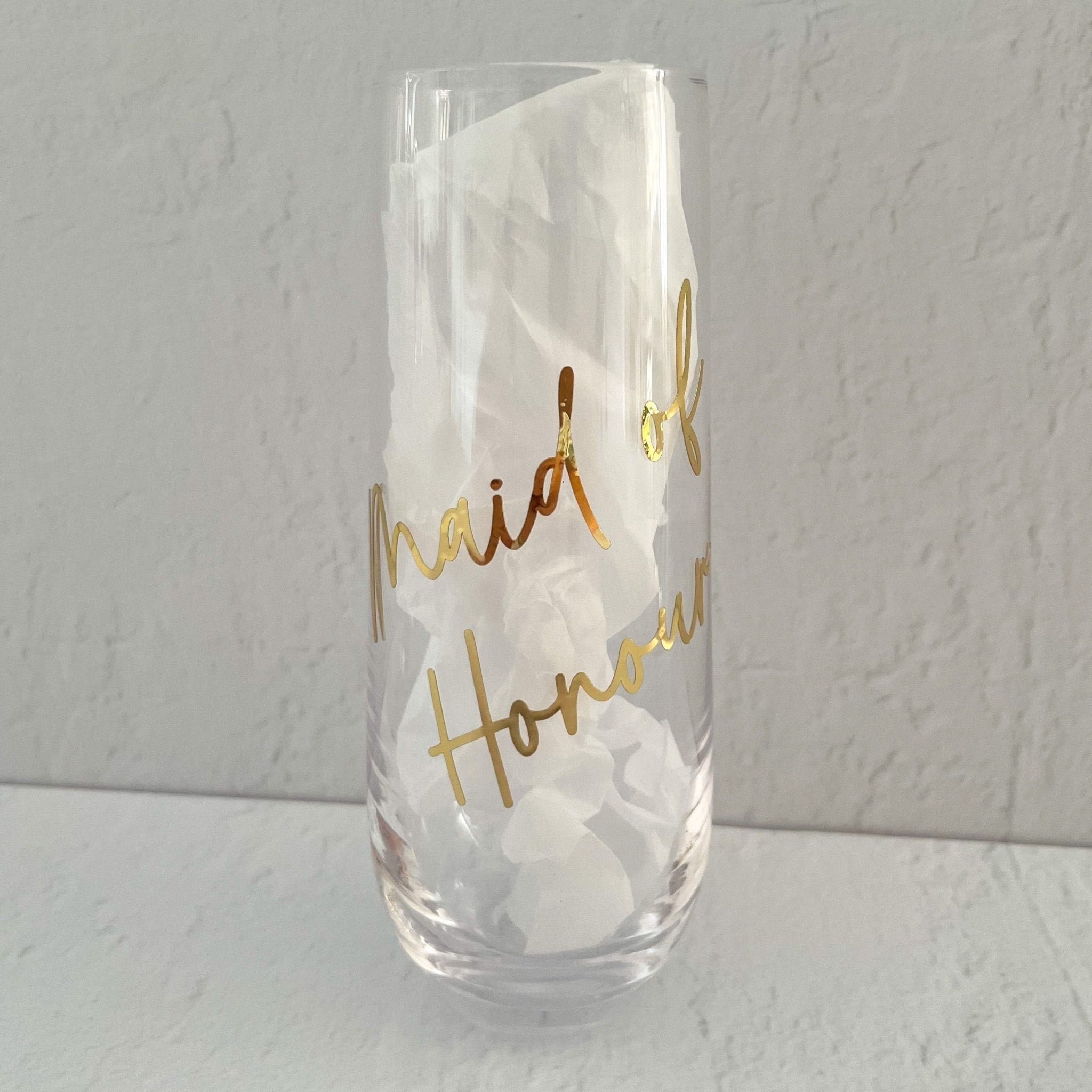 Bridal Party Vertical Stemless Flute Glass (More Designs Within) - Bridesmaid Boxes