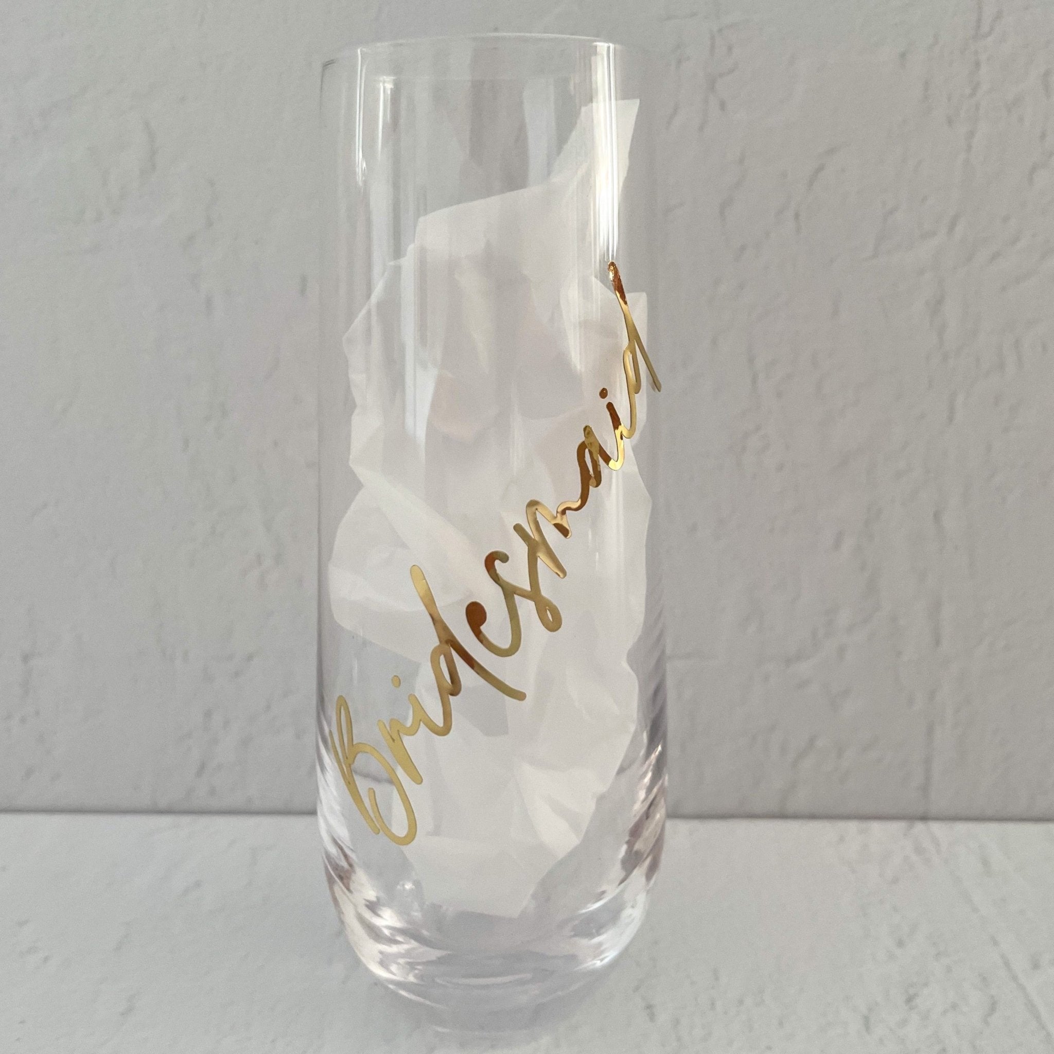 Bridal Party Vertical Stemless Flute Glass (More Designs Within) - Bridesmaid Boxes