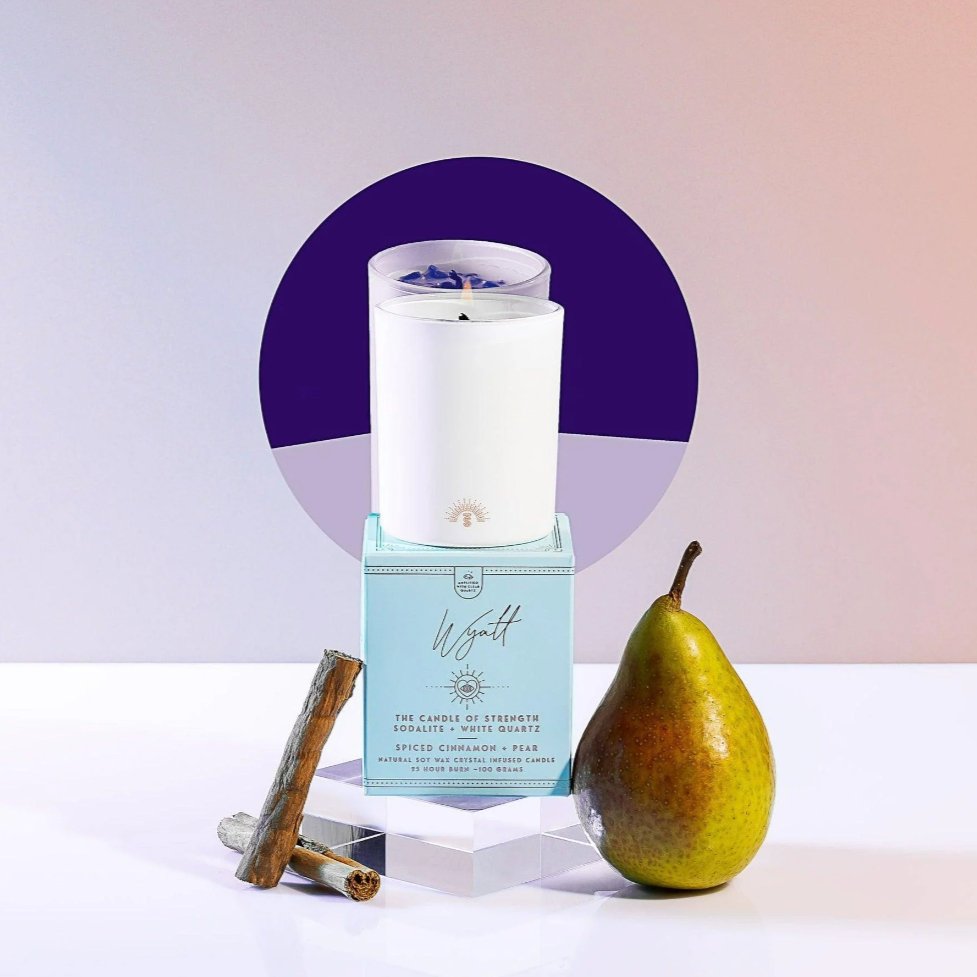 Crystal Candle of STRENGTH *SPICED PEAR + CINNAMON with sodalite and white quartz* - Bridesmaid Boxes