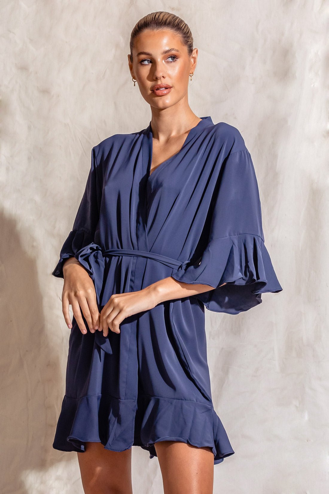 Giant Ruffle Robe Liv Navy Matte Cotton Ruffle Robe | Bridesmaid Embroidered