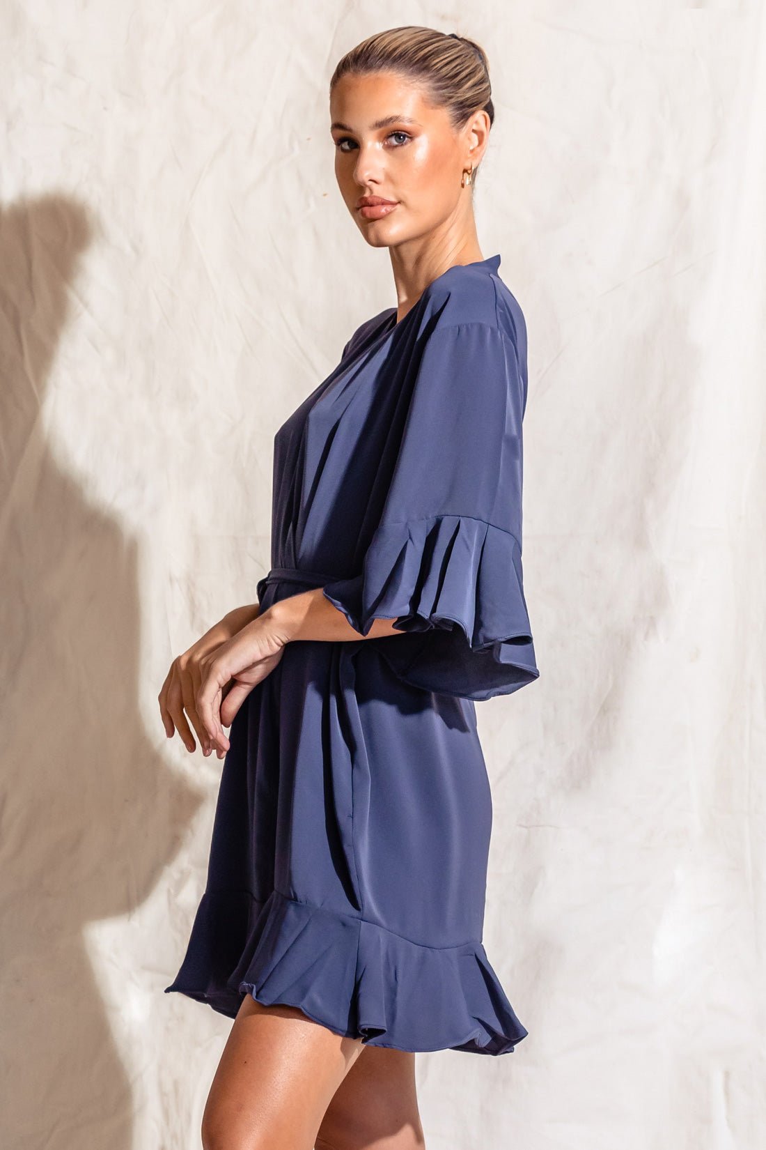 Liv Navy Matte Cotton Ruffle Robe | Bridesmaid Embroidered