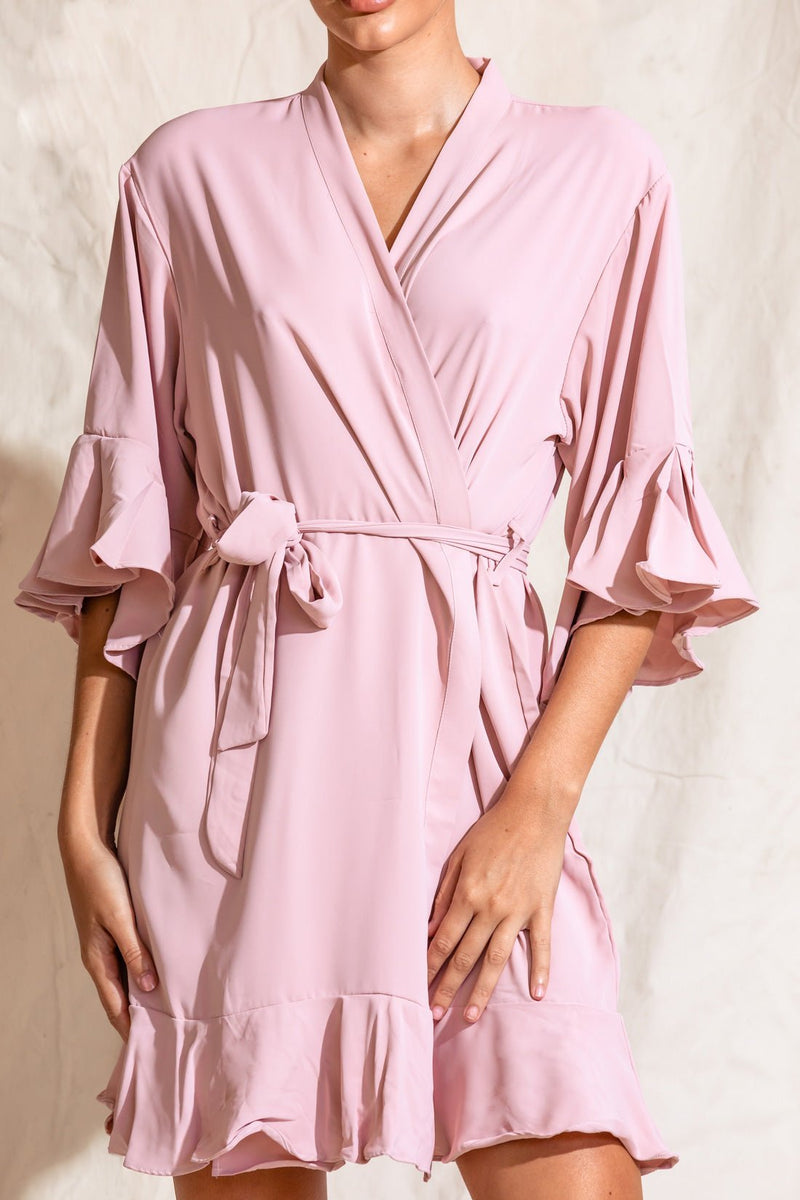 Liv Rose Pink Matte Cotton Ruffle Robe | Bridesmaid Embroidered