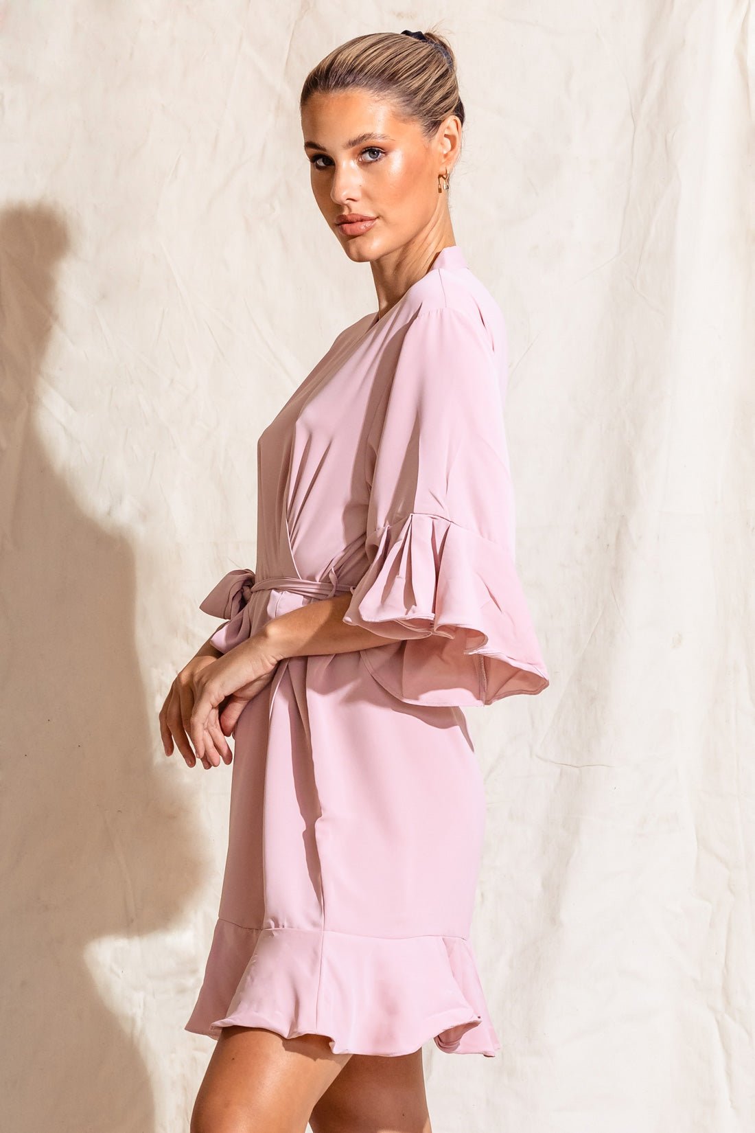 Liv Rose Pink Matte Cotton Ruffle Robe | Bridesmaid Embroidered