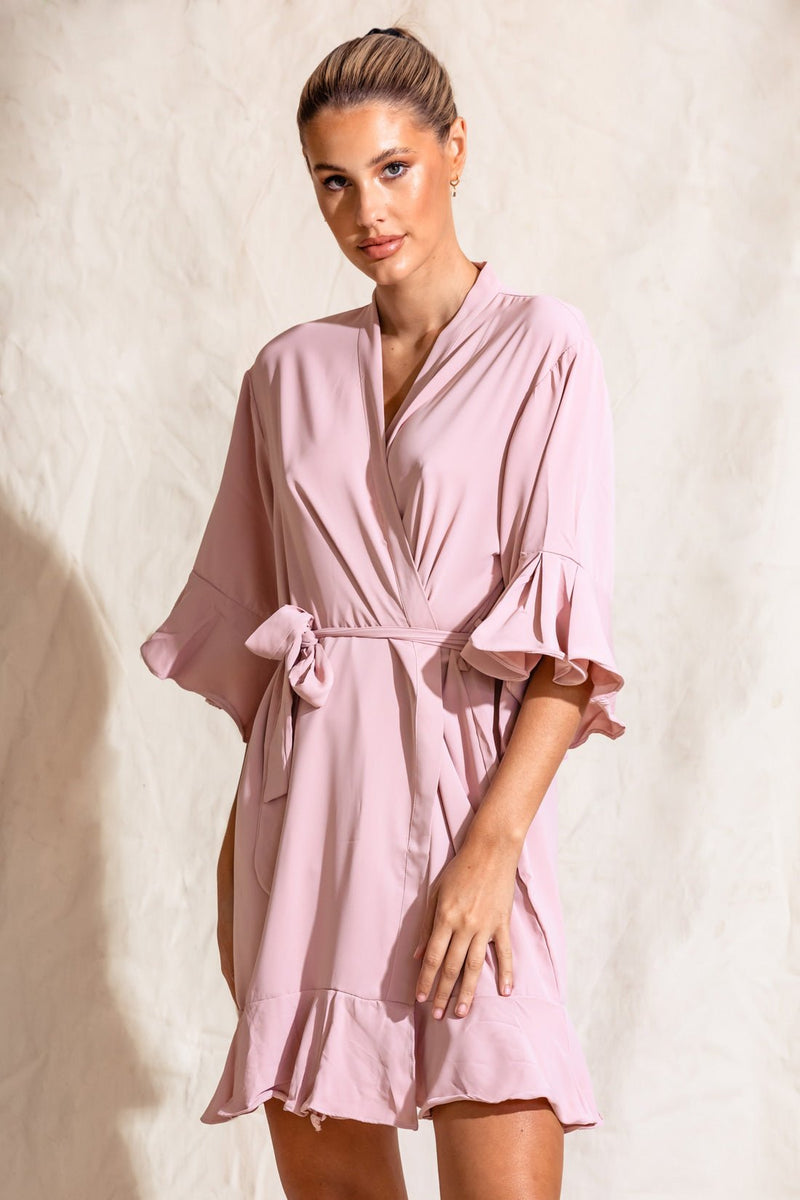 Liv Rose Pink Matte Cotton Ruffle Robe | Bridesmaid Embroidered